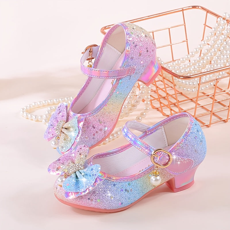 Girls' Sparkly Sequin Princess High Heels with Cute Bowknot Design, Glittery Pastel Colors, Magic Tape Closure, Lightweight Synthetic Upper & Rubber Sole - Ideal for Parties, Performances