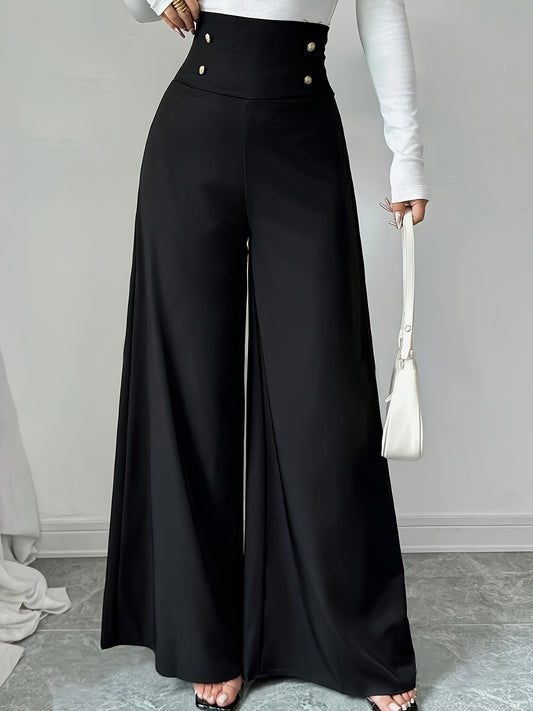 Black high-waisted wide leg pants with decorative buttons for spring & summer, machine washable & chic