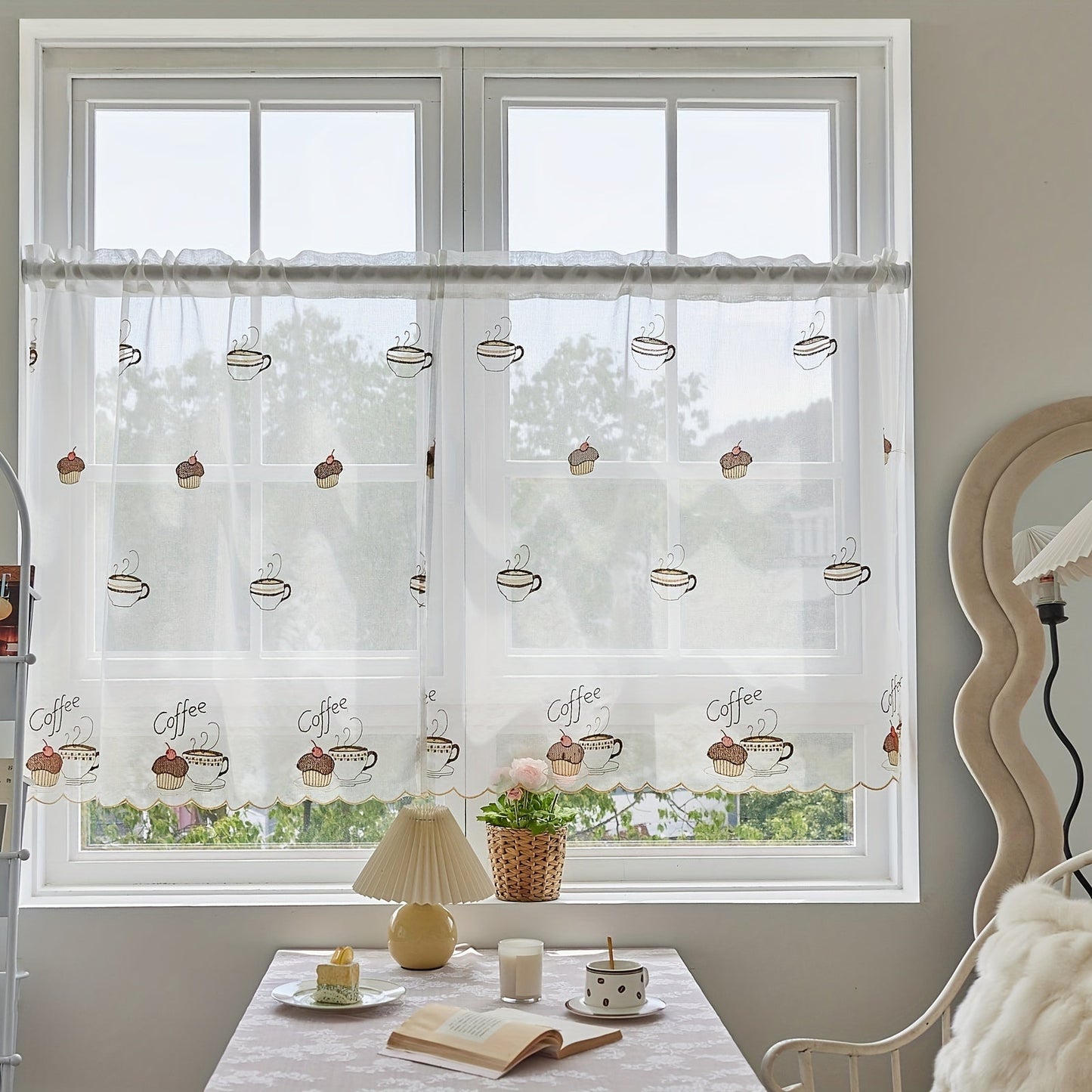 Elegant White Cafe Curtain with Delicate Embroidery - Sheer Fabric, Easy to Hang Rod Pocket for Stylish Kitchen and Living Room Decoration