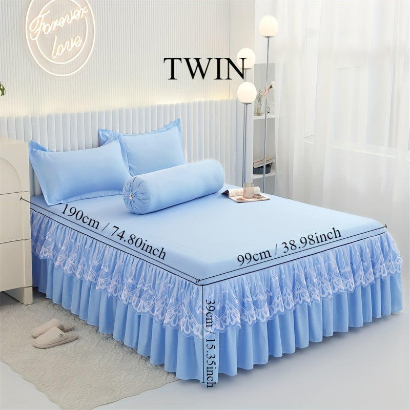 Chic 3-Piece Bed Skirt Set Featuring Double Layer Lace - Comes with 1 Bed Skirt and 2 Pillowcases, in a Solid Color. Non-Slip and Perfect for All Seasons, this Set is Machine Washable for easy care.