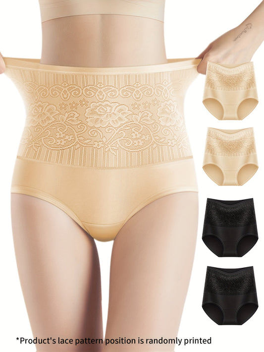 4 Elegant High Waisted Shapewear Panties for Women, Tummy Control with Butt Lifting Floral Design