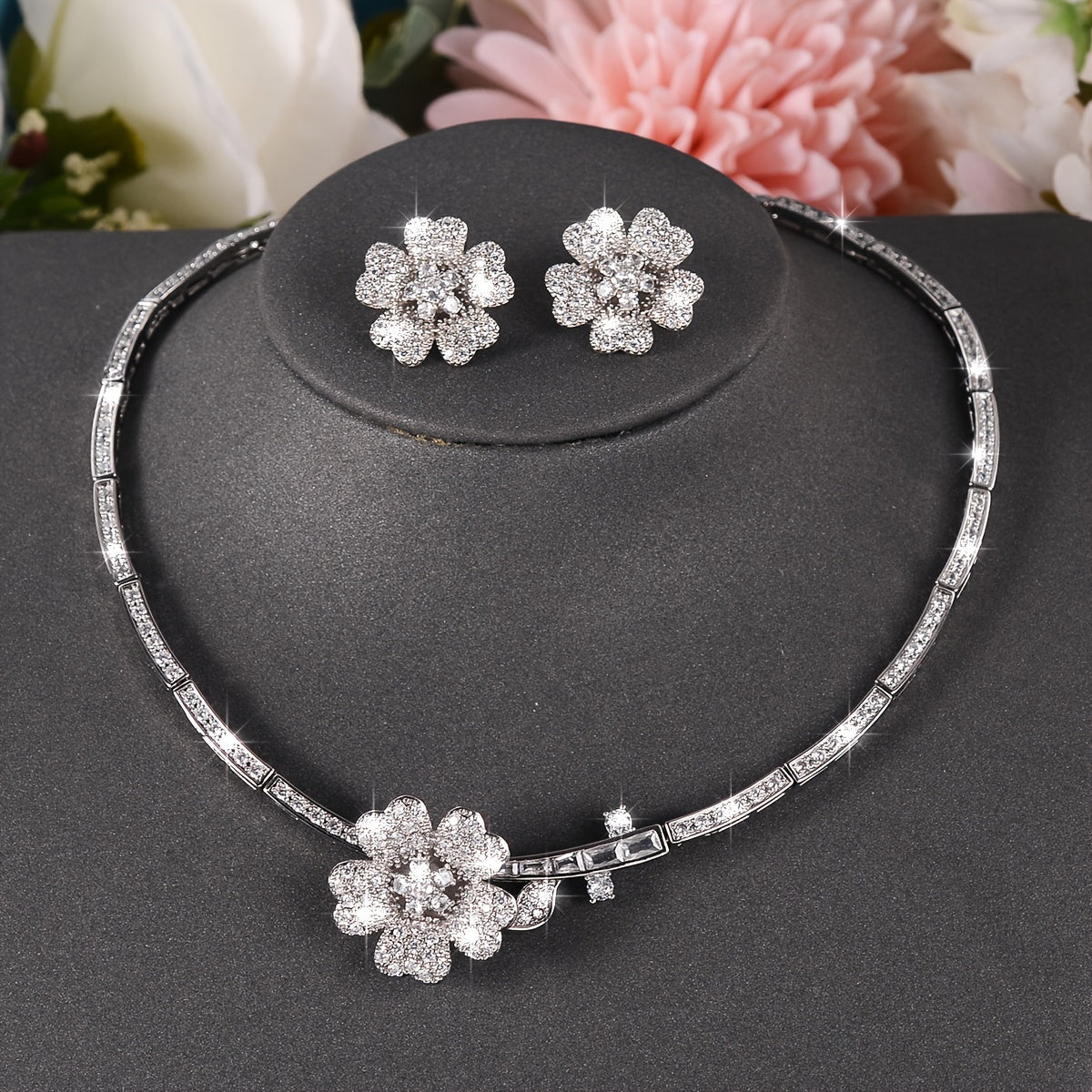 Beautiful Set of 925 Sterling Silver Floral Zirconia Earrings & Necklace - Perfect Fashion Accessories for Women to Wear Daily or Give as a Gift