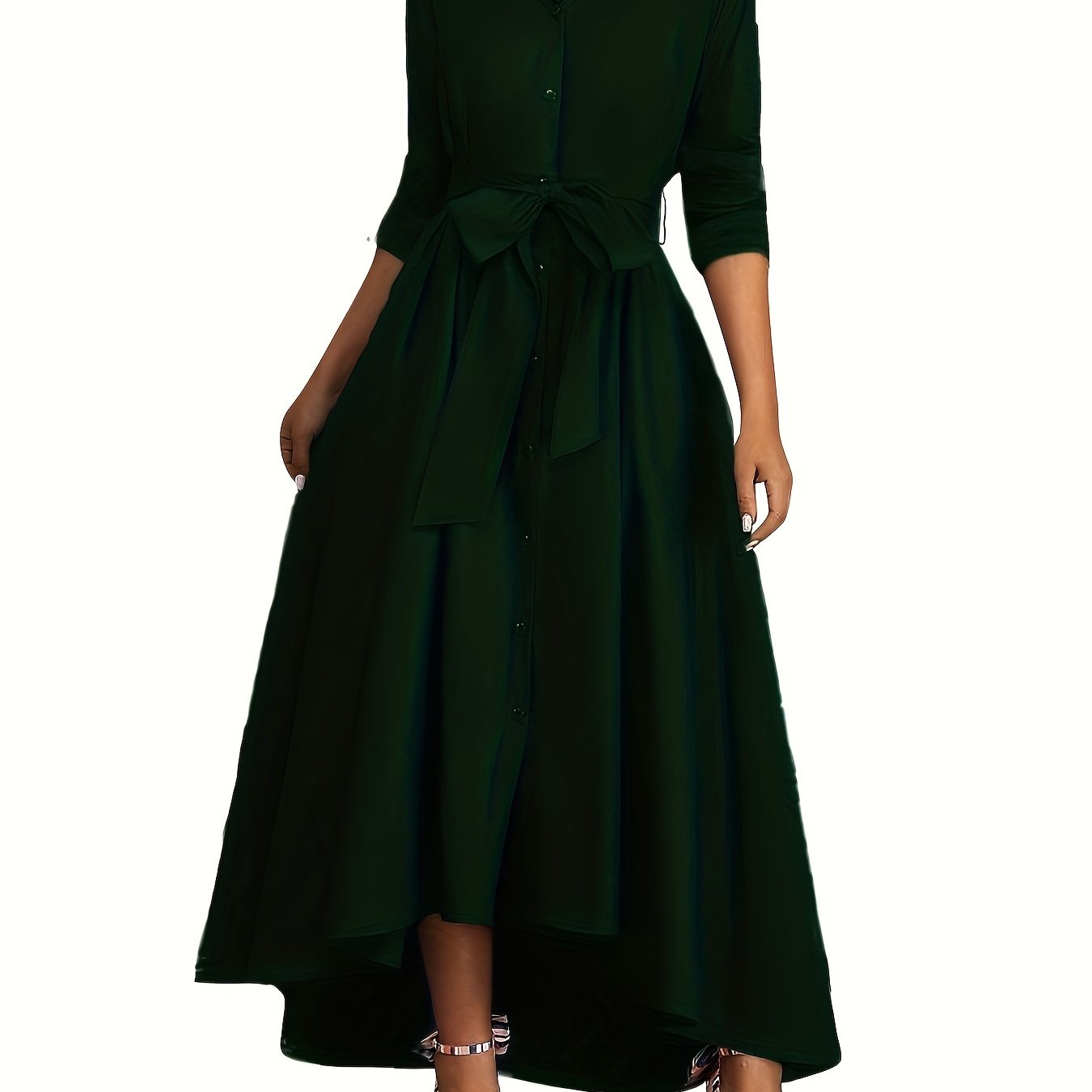 Stylish green midi dress for women, featuring a button-up collar design in a polyester and spandex blend with belt detail.