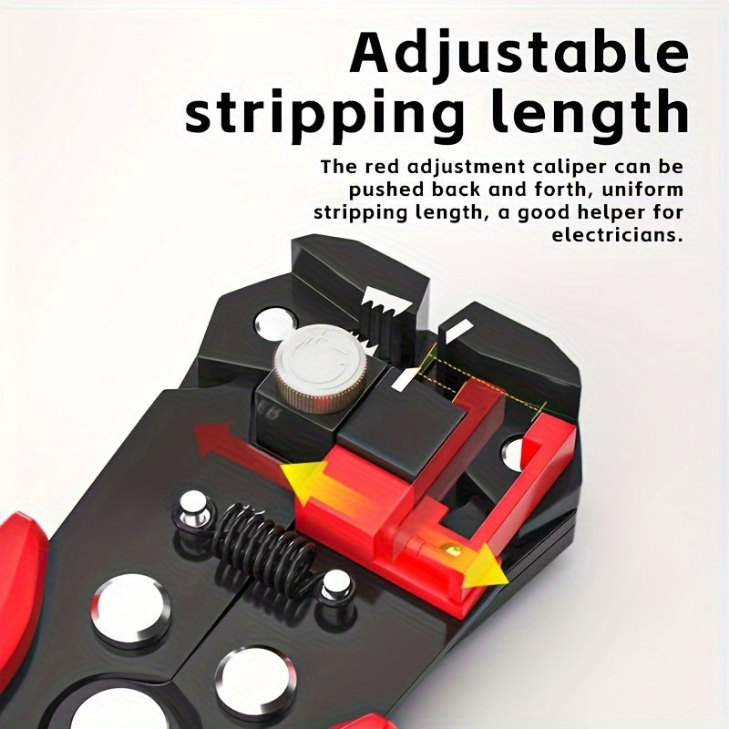 Electrician's automatic wire stripper for 24-10AWG range, with quick peel and cut capabilities. Ideal for home improvement, appliance repair, and auto maintenance. It features a non-slip