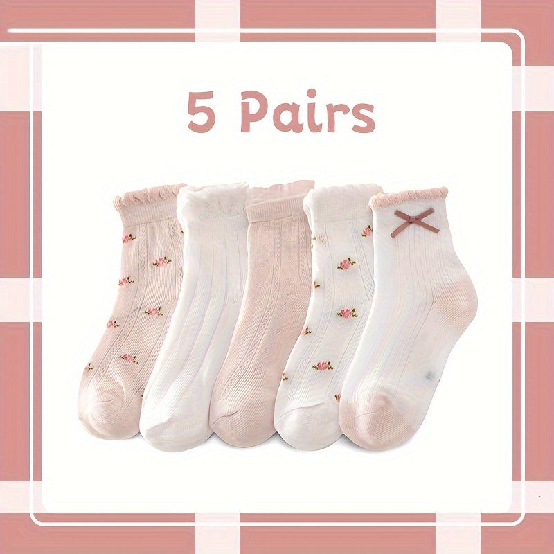 5 girls' mesh socks with bowknots - floral pattern, ideal for spring/summer