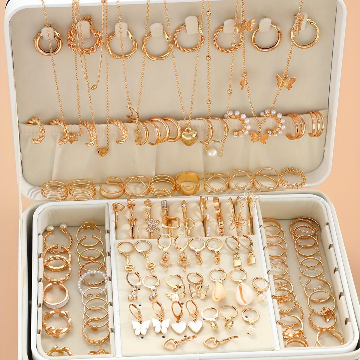 Chic Jewelry Set for Women - 120 pieces including Earrings, Rings & Necklaces featuring Heart, Butterfly, and Geometric Designs. Ideal for Daily Wear, Dates, Vacations, Parties, and Anniversaries. Box not included.