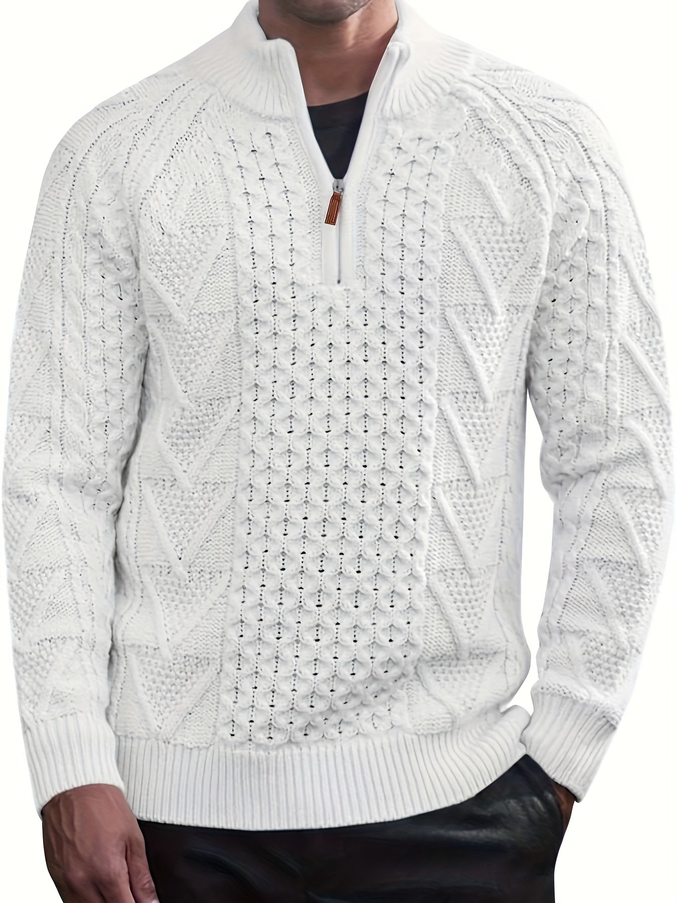 Plus size men's polyester pullover sweater with stand collar, zipper detail, and solid color, perfect for fall/winter.