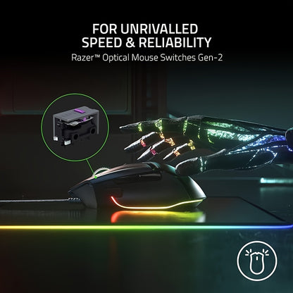 Razer Basilisk V3 gaming mouse: High-speed switch, customizable design, Chroma RGB lighting, 26K DPI sensor, 11 programmable buttons, HyperScroll tilt wheel.