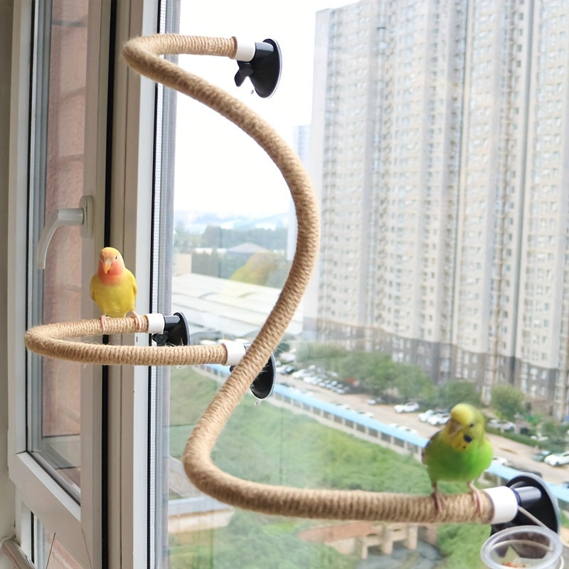 Durable PVC curved perch with suction cup for small to large parrots, mountable on windows, glass, and smooth tile walls for sunbathing and exercise.