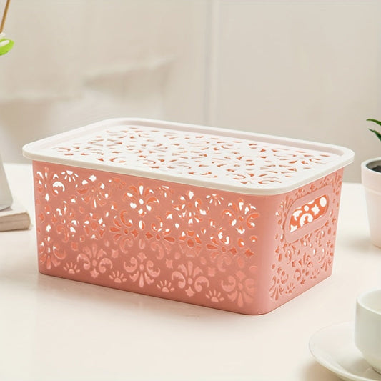 Decorative Plastic Storage Bin With Lid, Featuring Contemporary Hollow-Carved Design, Ideal for Kitchen, Clothing, and Household Organization, Available in Various Colors