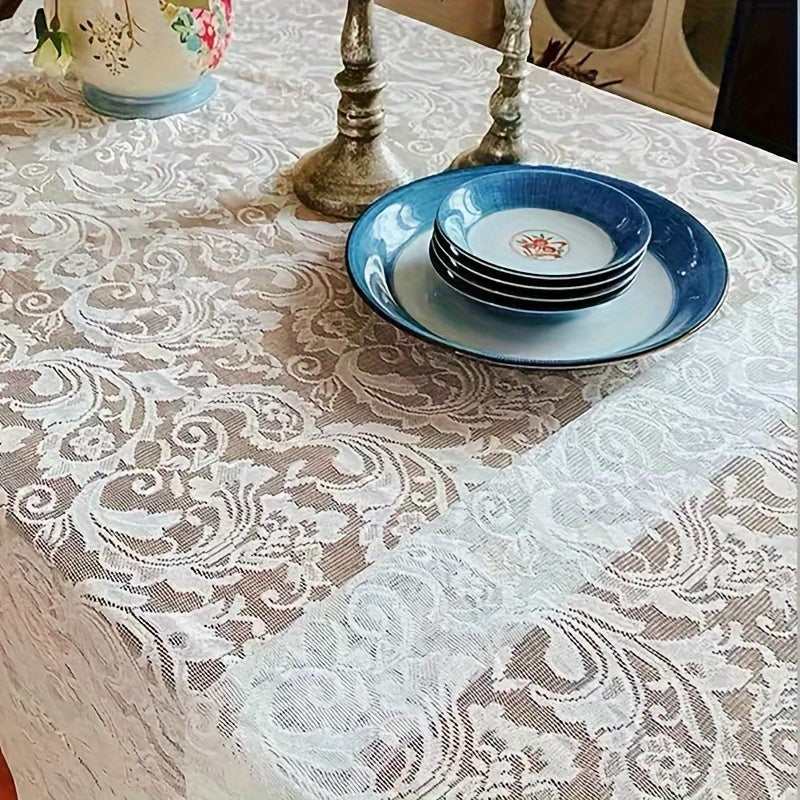 French Paisley lace tablecloth and rectangular polyester table runner for dining and coffee tables. Washable, easy to clean home decor for Christmas. Machine-woven with a solid pattern in a square shape.