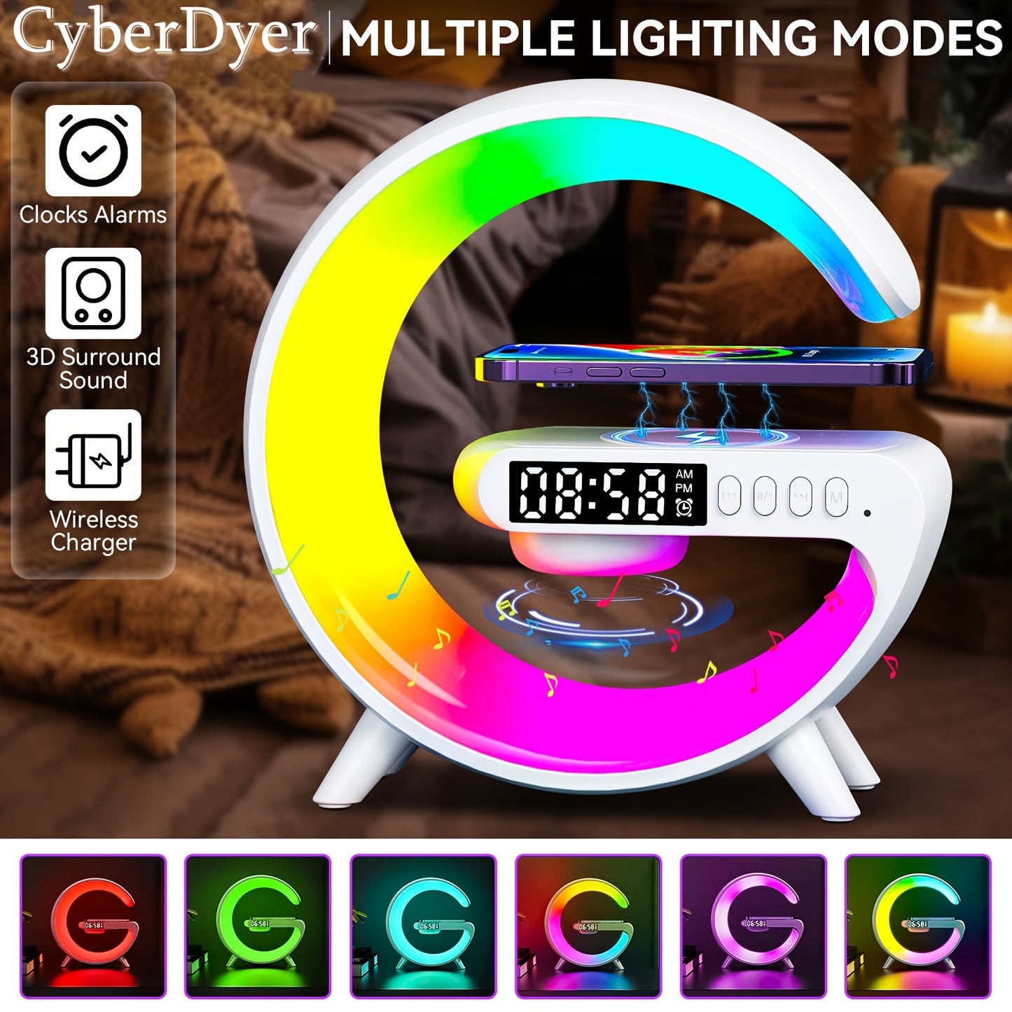 CyberDyer Smart Table Light with Sunrise Alarm Clock, Night Light Charging Station, Wireless Speaker, and Desktop Decoration Atmosphere Lamp - a perfect gift for any occasion.