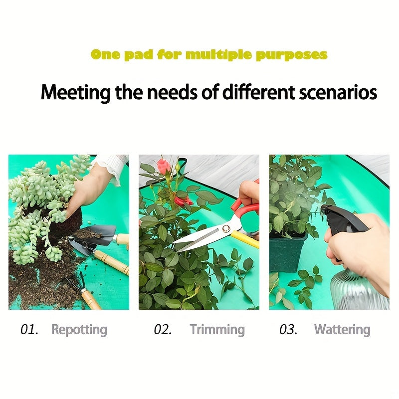 Durable, waterproof PE plant mat for indoor and outdoor gardening. Easy to clean and portable with handles for convenient use. Perfect for repotting succulents and transplanting.