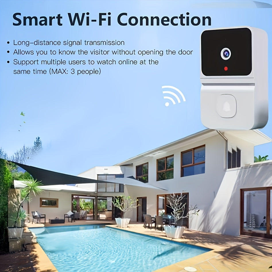 Smart WiFi doorbell with built-in battery featuring 2-way audio, night vision, USB rechargeable, low power consumption, and sleek black design. Supports 2.4G WiFi for easy home surveillance