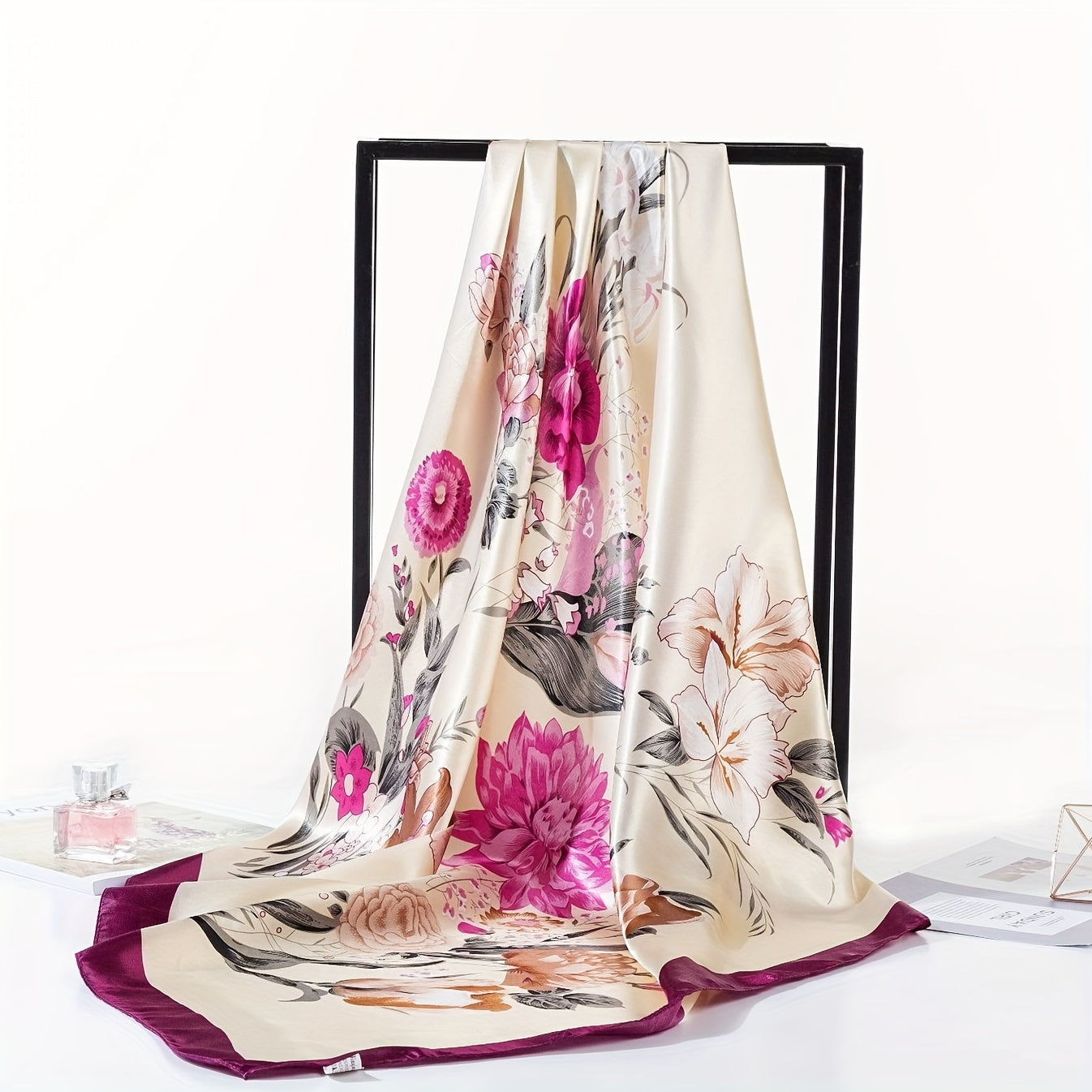 Versatile polyester floral print square scarf for women, featuring a classic style that is breathable, lightweight, and offers sun protection.