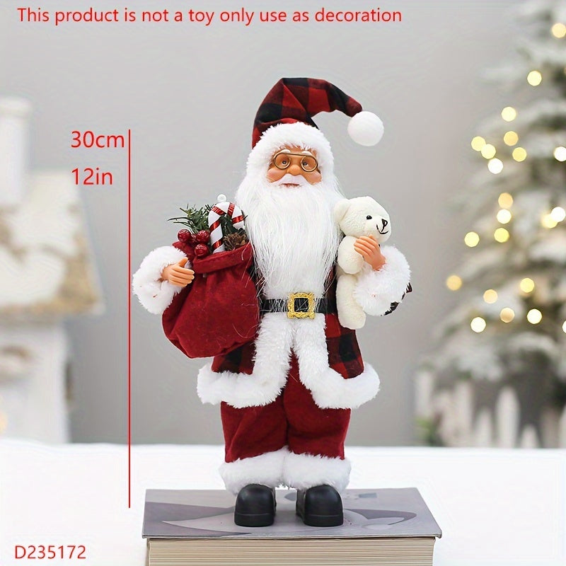 12-inch Classic Santa Claus Figurine in Red & Black Attire for Festive Home Decor during Christmas and New Year's. Made of Durable Synthetic Fiber, Ideal for Window or Tabletop Display in Homes, Shopping Malls, and Hotels.