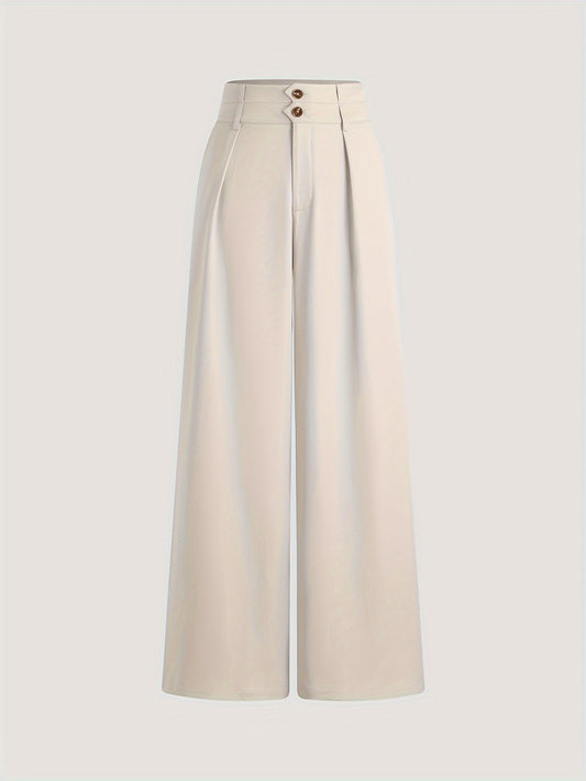 High-waisted wide leg pants for women in solid color, made from a polyester blend. Features button detail and suitable for all seasons.