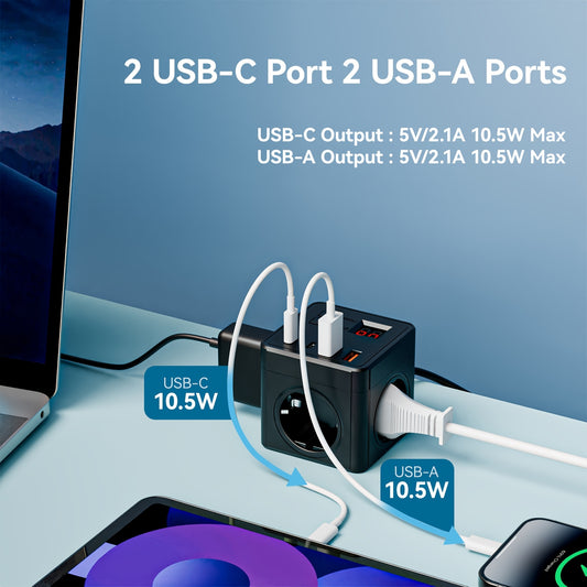 7-in-1 EU quvvat stripi, 1.5m sim, 3 AC chiqish, 2 USB port, 2 Type-C port, avtomatik o'chirish uchun vaqtgacha. Uy, ofis, sayohat, kompyuterlar uchun ideal. Oq/qora variantlari mavjud.