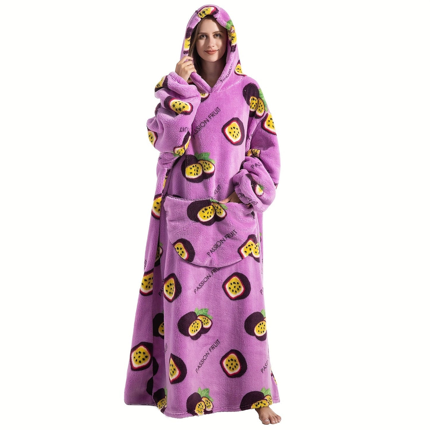 Super warm and cozy fleece oversized hoodie blanket with sleeves for adults. This wearable blanket hoodie features a giant pocket and is perfect for staying extra warm on cold days. Makes a great gift for women, men, and moms.