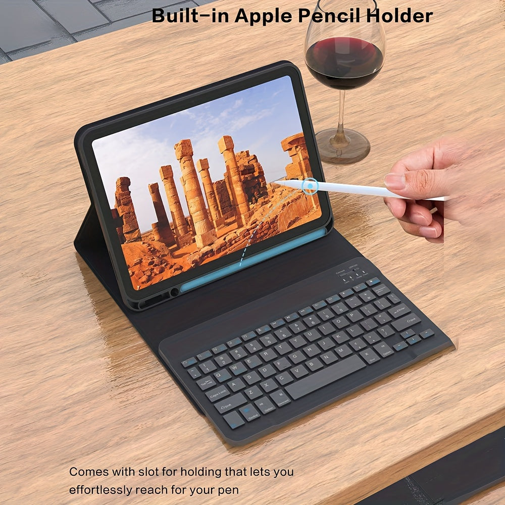 10th Gen iPad 27.69cm PU Leather Case with Wireless Keyboard, Pen Holder, Sleep/Wake Lid, Stand Cover, Type-C Charging, Black