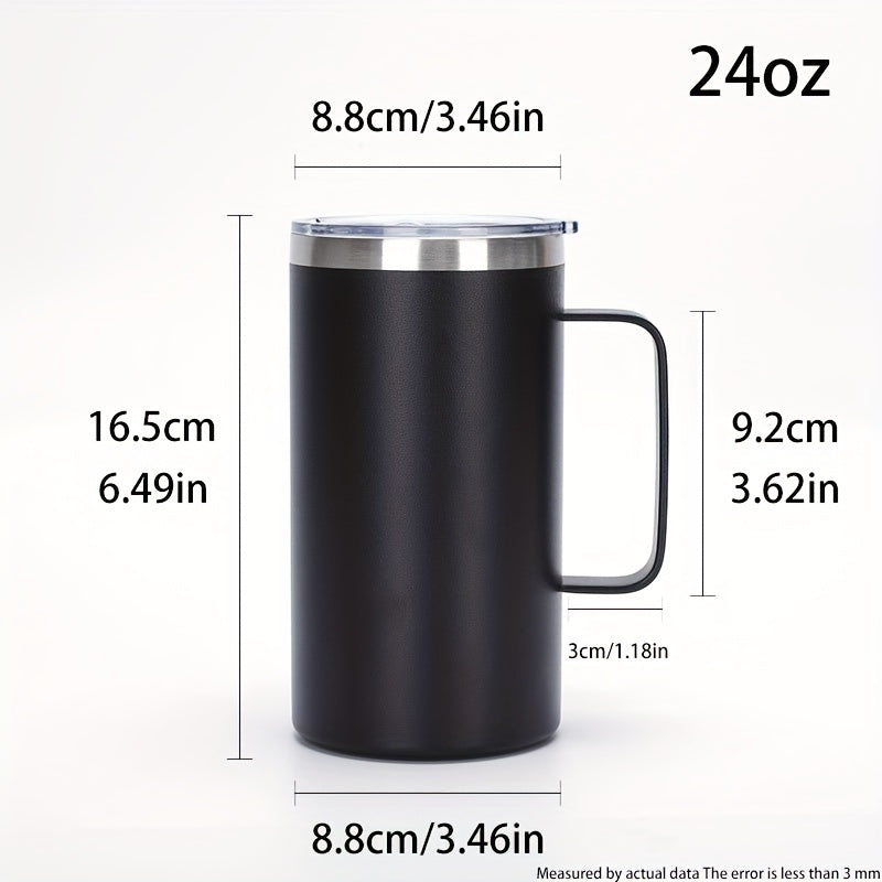 Stainless steel coffee mug, 24oz, vacuum insulated with lid and handle, ideal for all seasons, makes a great gift.