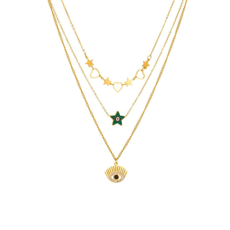 Stylish Multi-Layered Necklace with Eye & Star Charms - Made of Stainless Steel and Cubic Zirconia Accents perfect for Casual Wear and Gifting, Ideal for Creative, Caring, and Party Occasions