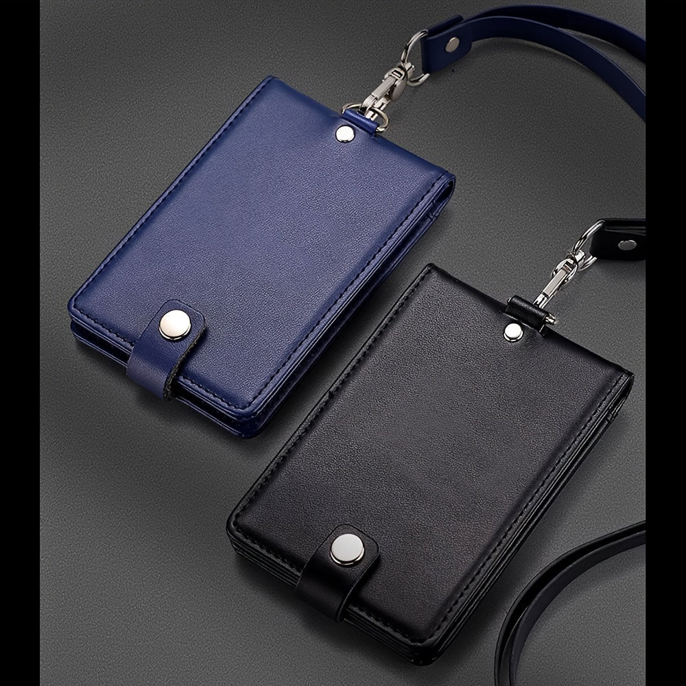 Leather ID card holder with lanyard, 5 card slots, PU leather, English text, formal business accessory.