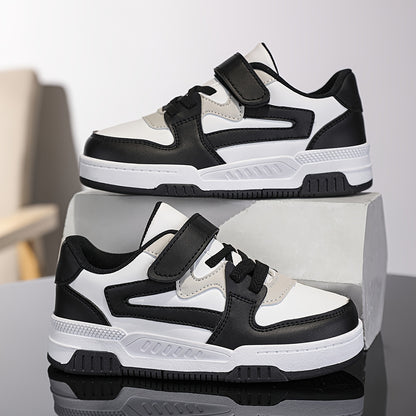 Boys' athletic sneakers in black, white, and grey with non-slip, breathable lining, hook-and-loop strap, and durable sole. Perfect for all seasons.