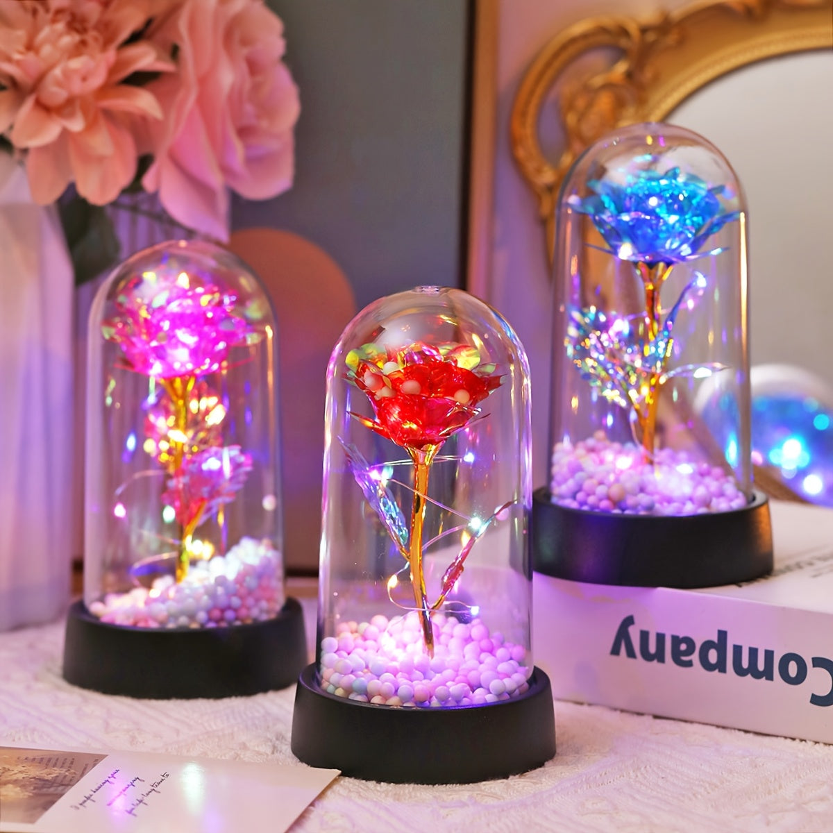 Modern LED Rose Flower Night Light with Golden Foil Accents, Battery Operated for Bedroom Decor, Special Occasions, and Gifts.