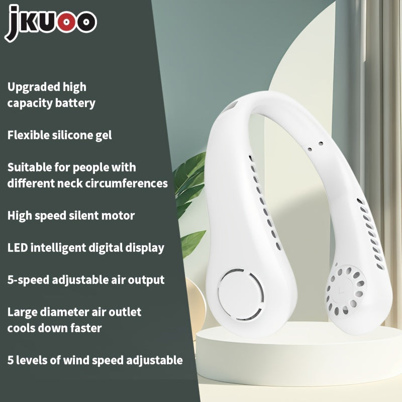 Stay cool on the go with the JKUOO Portable Neck Fan. Featuring a 5-speed digital display, USB rechargeable design, and quiet operation, this fan is perfect for indoor and outdoor use. The silicone handle makes it easy to carry, while the plastic