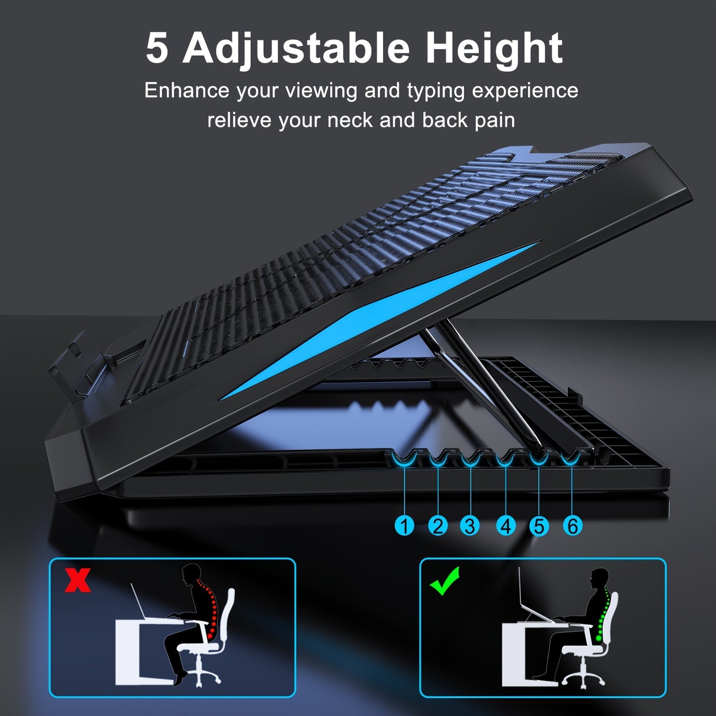 Laptop cooling stand with 6 fans, adjustable height, LED light, USB ports, and metal mesh design for 22.86-39.62 cm laptops.