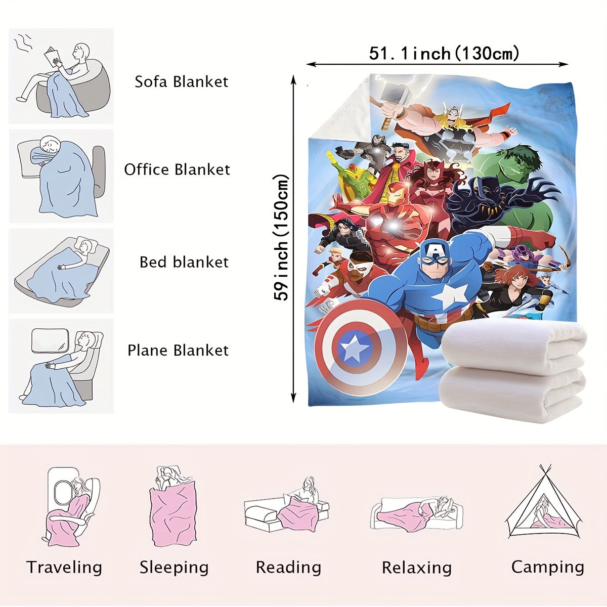 Gather your favorite superheroes and bring light to any room with our dynamic blankets! From Captain America and The Hulk to Thor and Spider-Man, protect your cozy home and enjoy happy times. Our collection features a variety of blankets including