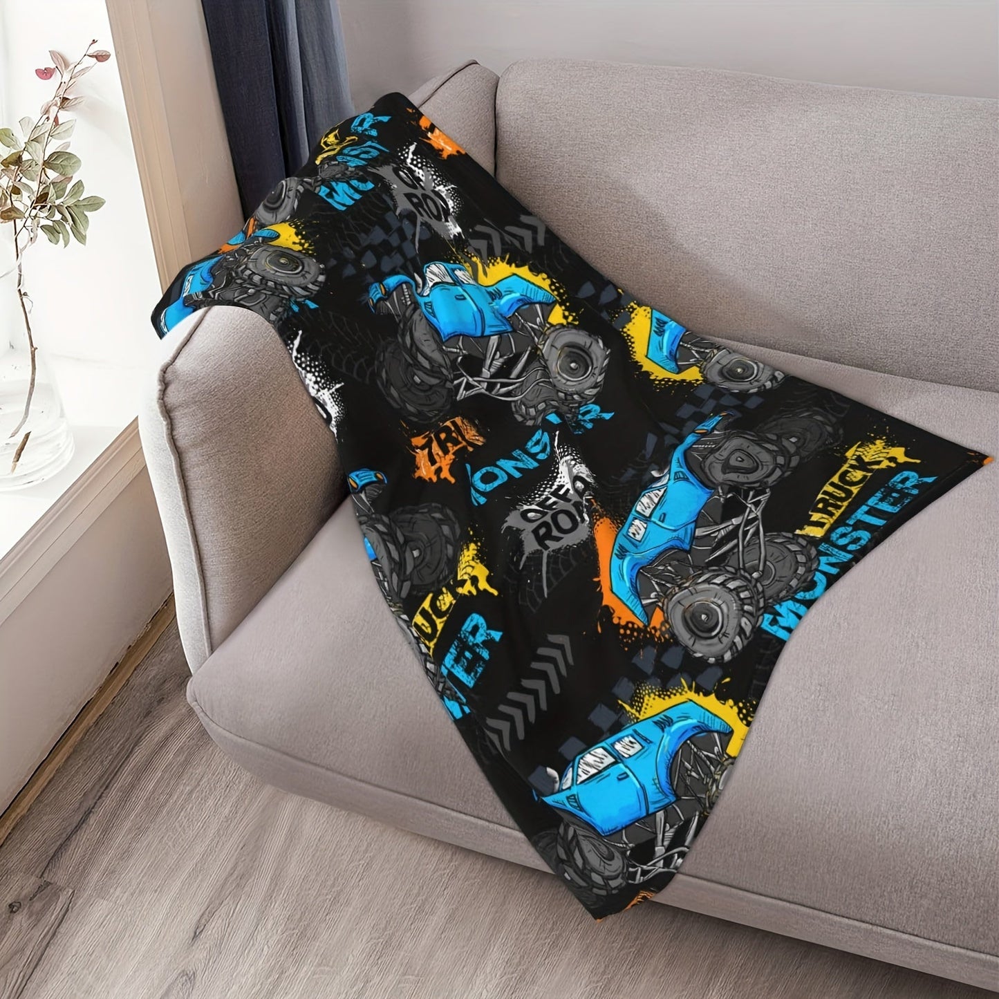 Stay Warm and Cozy with our Monster Truck Flannel Blanket - Perfect for Bed, Sofa, or Home Decor, Provides Year-Round Comfort and Durability