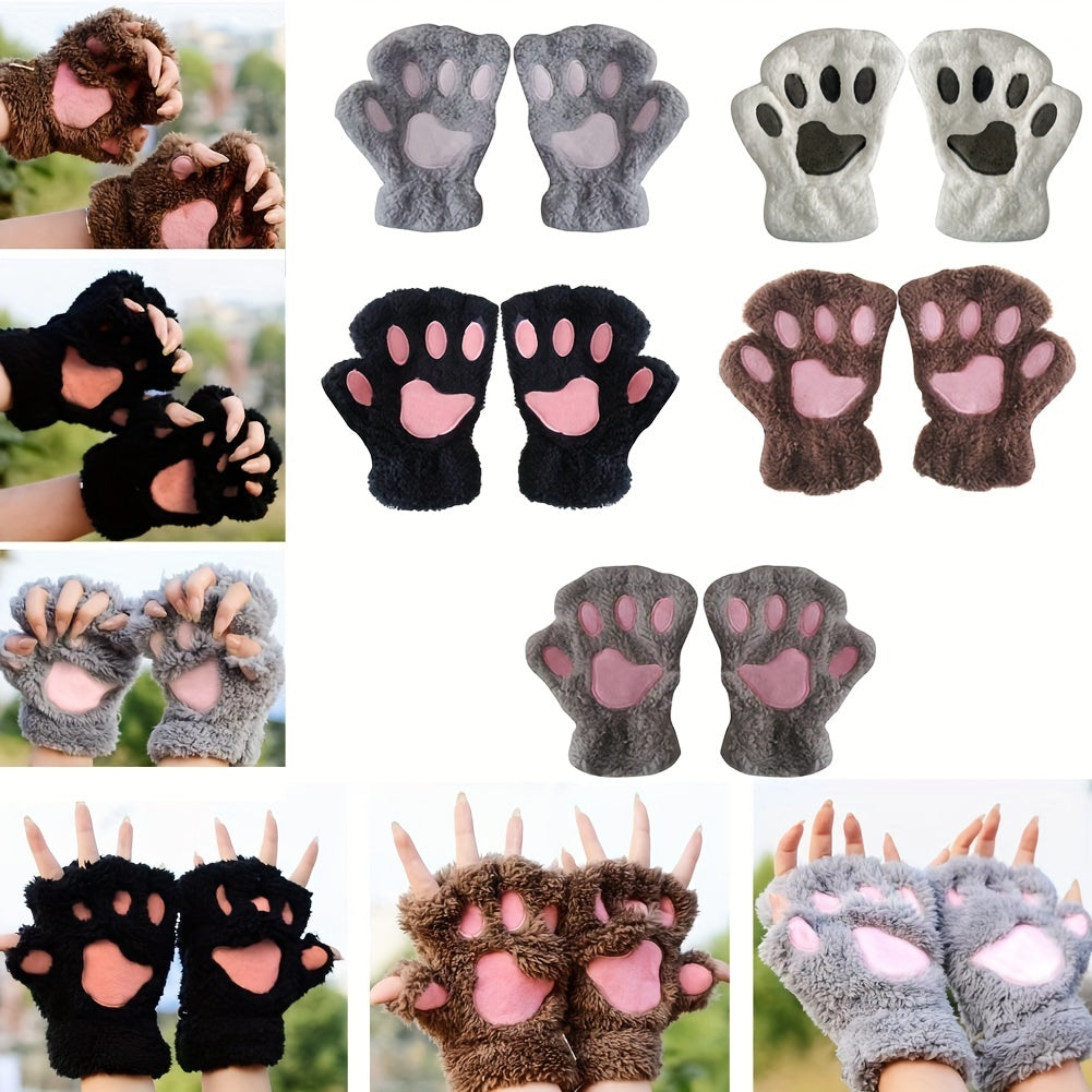 Soft and thickened half-finger winter gloves featuring cute cartoon cat paw design, ideal for keeping your hands warm and cozy. These touchscreen gloves are perfect for adding a touch of fun to your winter wardrobe.