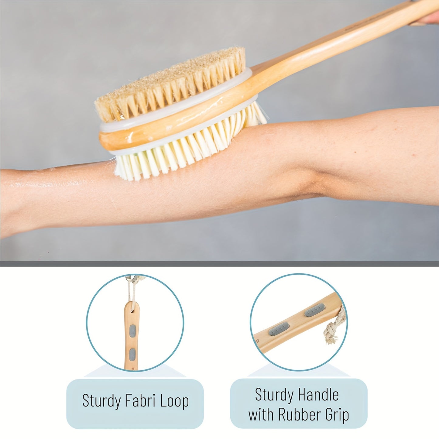 Long-handled dual-sided shower brush for deep cleaning and exfoliating, suitable for lotion application without needing power.