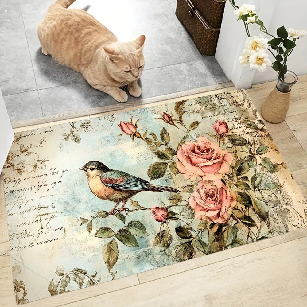 Vintage Rose & Bird Design Anti-Fatigue Kitchen Mat - Waterproof, Soft, Machine Washable Polyester - Non-Slip Mat for Home & Office Use