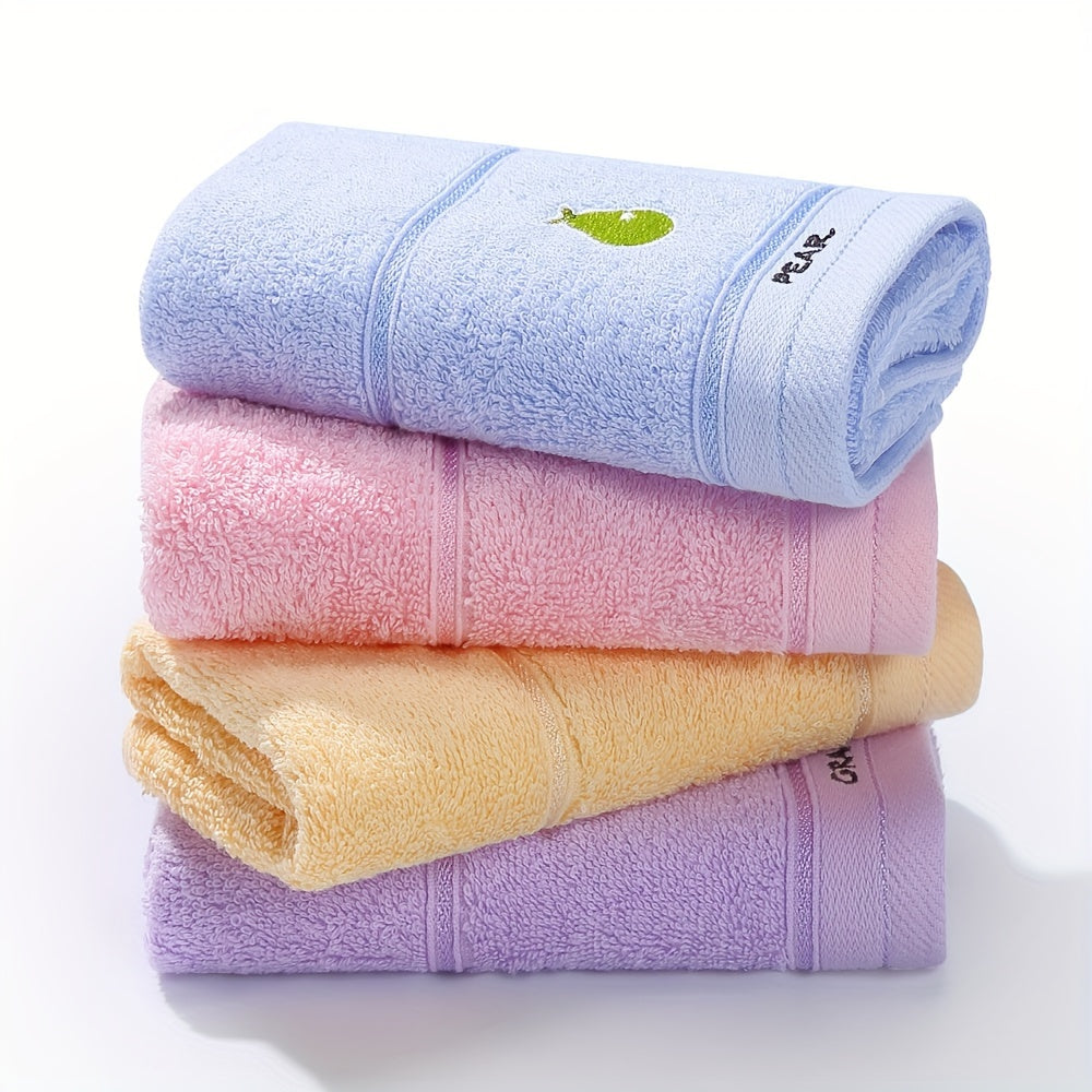 4-Pack of fruit embroidered hand towels, made of super soft knit fabric, 400gsm, hand wash only, perfect for daily use.