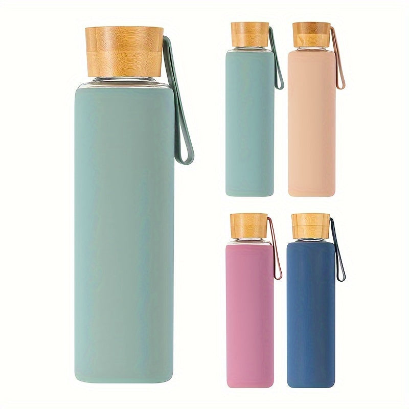 Silicone sleeve glass water bottle with strap, dishwasher safe.