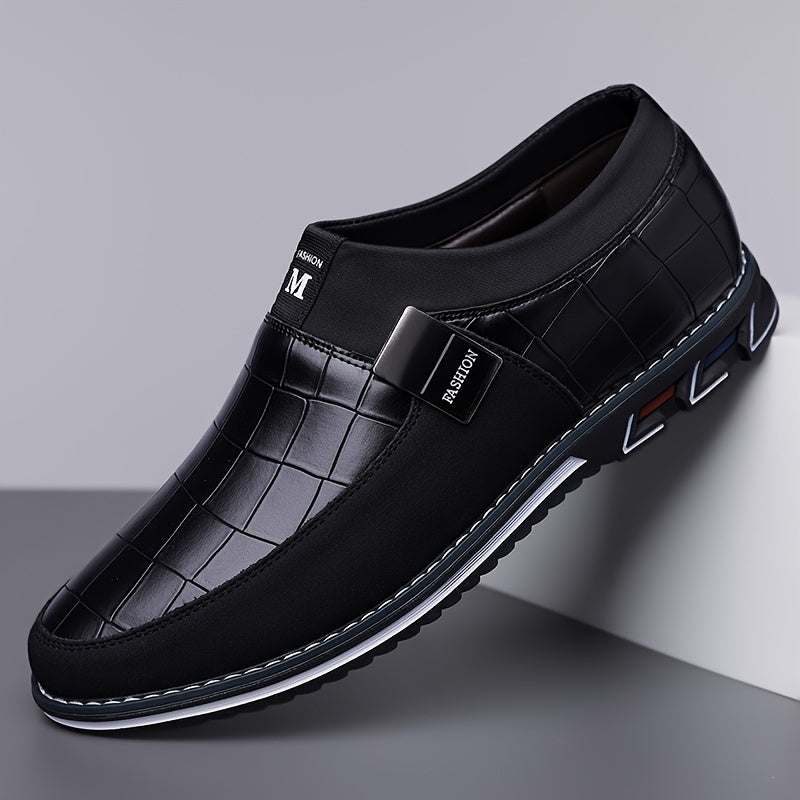 Men's slip-on business casual shoes with synthetic microfiber leather, anti-slip rubber sole, PU inner lining, and low top design for daily wear in spring/fall season.