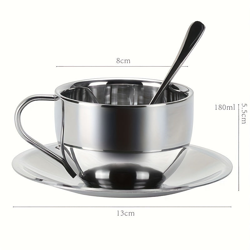 Stainless steel coffee cup and saucer set suitable for home or office, perfect for cappuccinos, lattes, mochas, and tea.