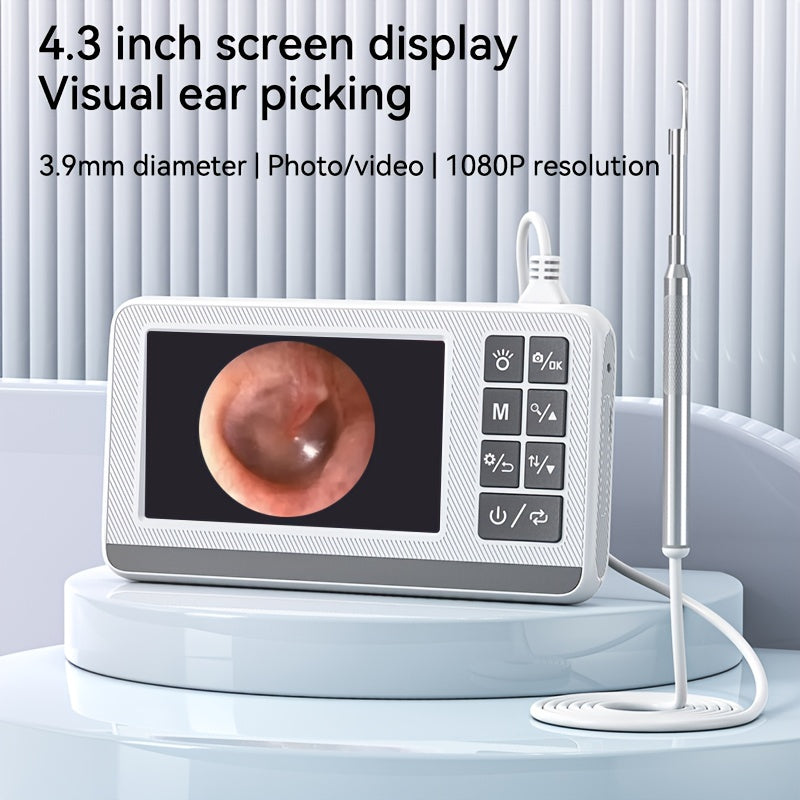 4.3-inch visual ear picking tool with 3.9mm camera, battery-powered, safe & easy-to-use for adults & youngsters. Records high-quality photos & videos in 1080p resolution, white.