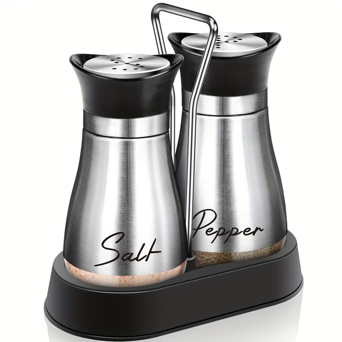 Stainless steel and leather salt and pepper shaker set with stand, perfect for kitchen gadgets and as a housewarming or Christmas gift.