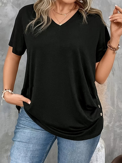 Plus Size V-Neck Button T-Shirt for Women