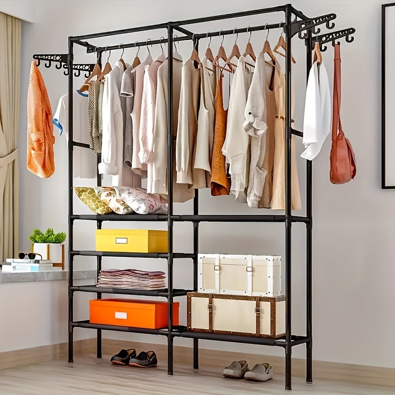 Metal storage cabinet with hooks, 3-tier organizer for coats, shoes, and accessories. Perfect for bedroom, hallway, and living room. Requires no electricity or battery.