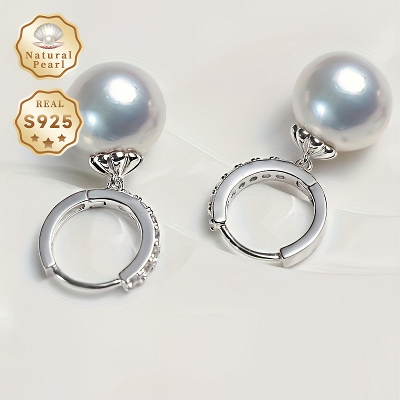 Women's fashionable dangling earrings made with a pair of 10-11mm large particles of slightly flawed round natural freshwater pearls. These earrings feature S925 silver and come in a Yunxi gift box. Please note that due to the natural gemstones used