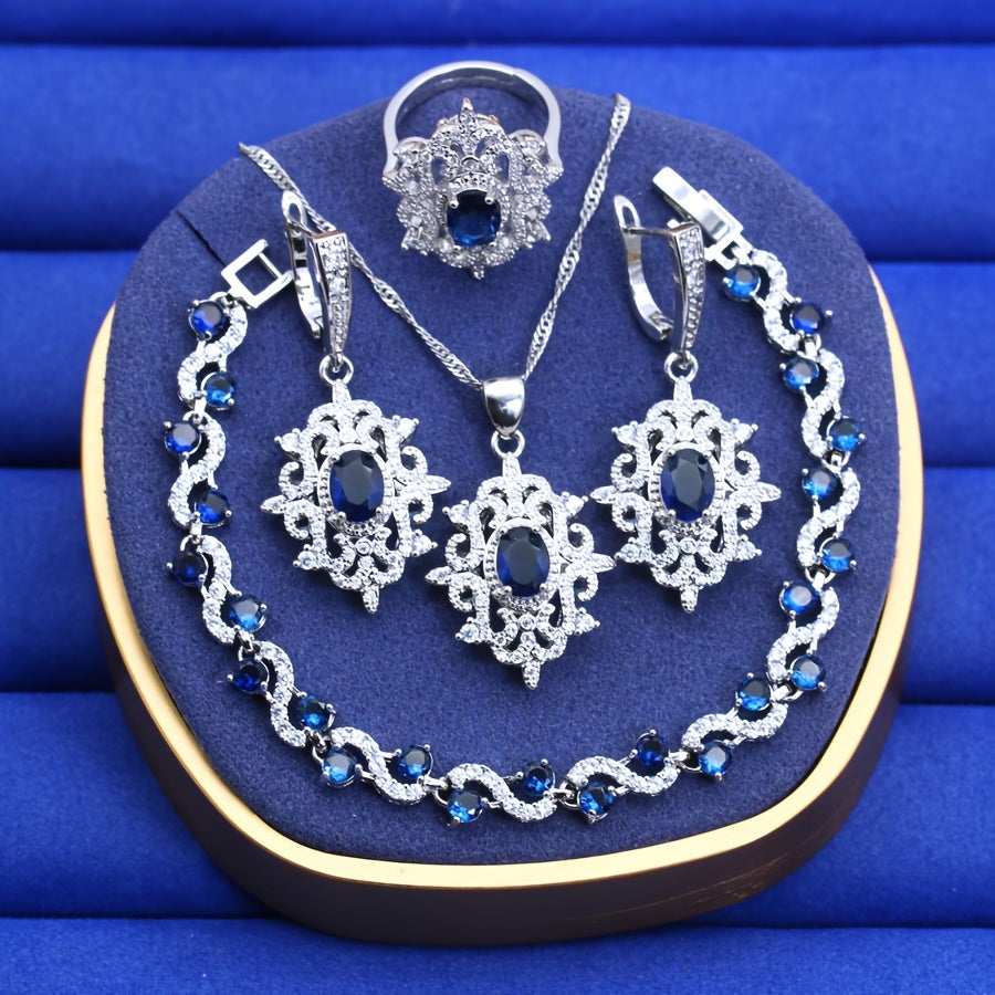 Stylish Women's Jewelry Set - Classic Necklace, Ring, Earrings & Bracelet with White Gold Plating - Ideal Present for Mom, Wife, Sister, or Best Friend for Birthdays & Anniversaries