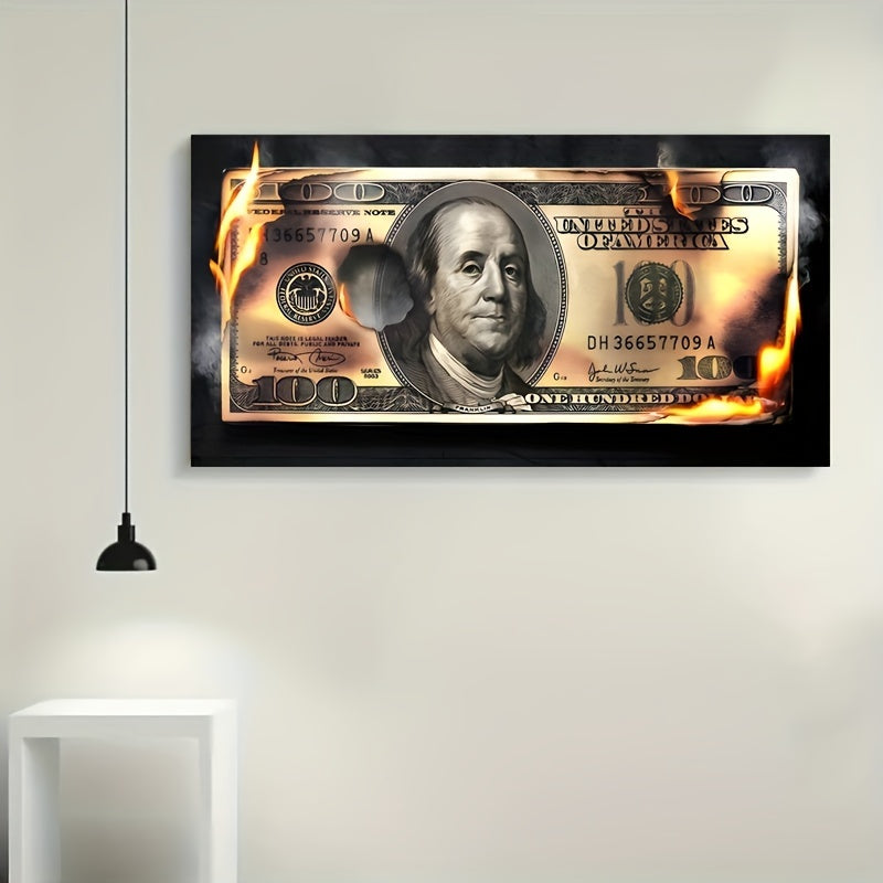 Flame Dollar Bill Art on Canvas, Unframed Indoor Decor for Various Spaces - Transverse Orientation