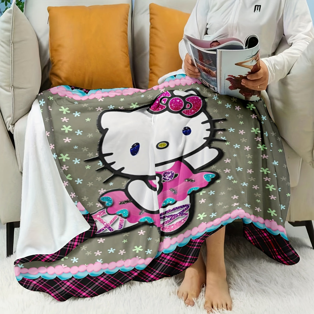 1 piece of the classic square pattern Hello Kitty ballet dance themed Sanrio flannel blanket. Can be used as a single or double comfortable flannel blanket, suitable for office, home decoration, bed, sofa, car, nap, air conditioning, or as a gift for the