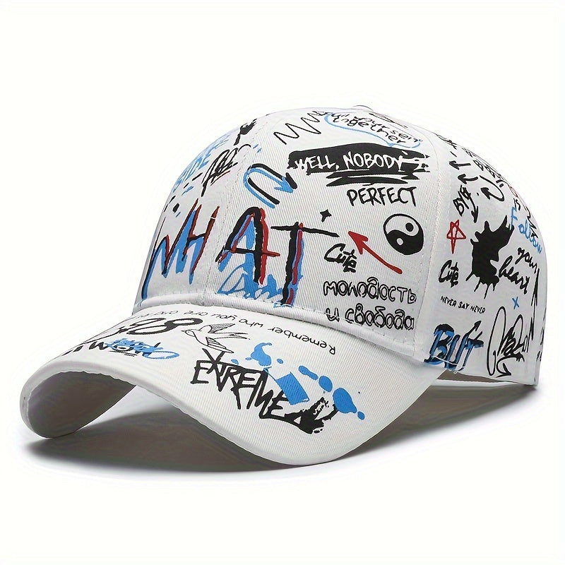 Polyester graffiti print hip-hop baseball cap with PVC coating. Perfect for parties and festivals. Hand washable.