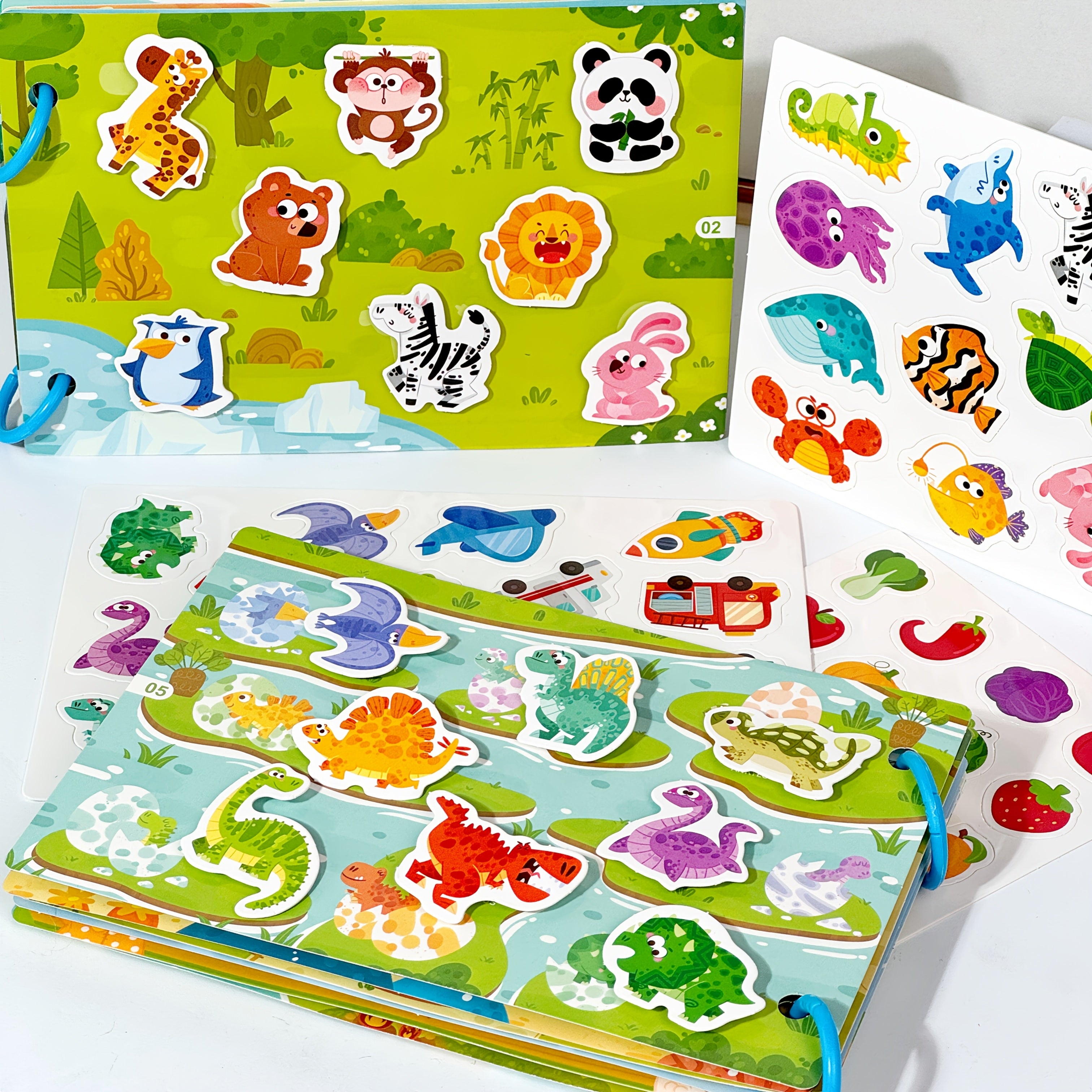 Reusable sticker book with quiet activities focusing on dinosaurs, fruits, animals, oceans, and transportation to improve cognitive, logical, and sensory skills through hands-on DIY tasks.